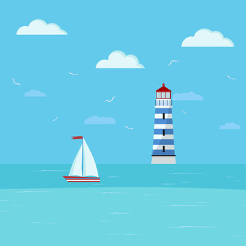 Lighthouse and sailboat on seascape. Seaside with blue water, clouds, ship, lighthouse building.