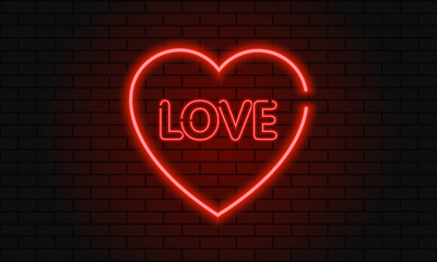 Valentines Day neon sign on the brick wall. Vector background.