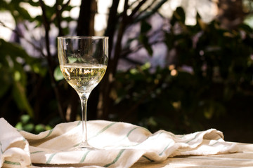 glass of white Italian wine in the garden close up 