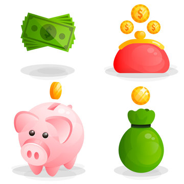 Money, coins, moneybox piggy and wallet icons
