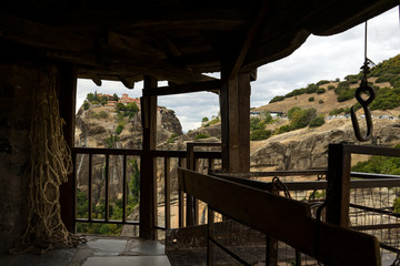 Meteora, Greece, net and pulley used in ancient times to go up and down in the Varlaam monastery