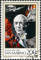 SAN MARINO - 1981: shows Pablo Picasso (1881-1973), artist, birth centenary, Homage to Picasso, by Renato Guttuso, 1981 - obrazy, fototapety, plakaty