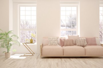 White living room with sofa and winter landscape in window. Scandinavian interior design. 3D illustration