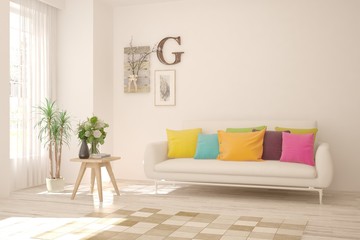 White living room with sofa. Scandinavian interior design. 3D illustration