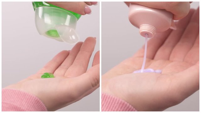 Close-up of female hands applying antibacterial liquid soap. Healthcare and hygiene concept. Coronavirus preventative measures concept. Vertical collage 
