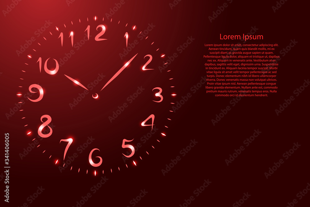 Poster watch round dial with numbers from the contour red brush lines different thickness and glowing stars