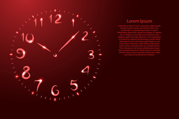 Watch round dial with numbers from the contour red brush lines different thickness and glowing stars on dark background. Vector illustration.