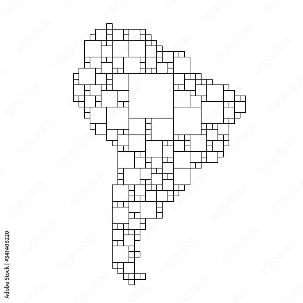 Aufkleber south america map from black pattern from a grid of squares of different sizes . vector illustration
