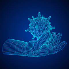Naklejka premium Human Arm Hand with Corona Virus virion of Coronavirus. Connection structure. Vector low poly wireframe mesh illustration