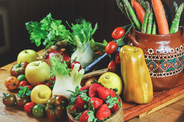 rustic composition with fruits and vegetables