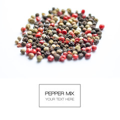 Paper mix. Black, red and white pepper balls isolated on white background. Top View. Food concept. Flat Lay