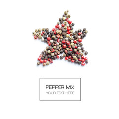 Paper mix. Black, red and white pepper balls isolated on white background. Top View. Food concept....