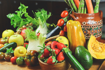 closeup of a rustic composition of fruit and vegetables