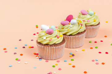 Easter pistachio cupcakes with decorations
