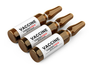 Glass flasks set with vaccine antiviral against coronavirus COVID-19. Tool against the pandemic.