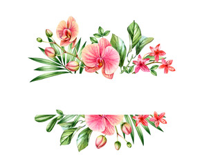 Watercolor floral banner. Pink orchids and palm leaves arrangement. Horizontal frame with place for text. Hand painted tropical background for cards. Botanical illustrations isolated on white.