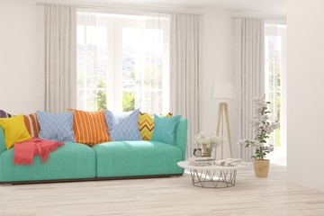 White living room with sofa. Scandinavian interior design. 3D illustration