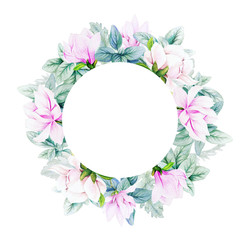 Round banner with watercolor magnolia flowers and leaves