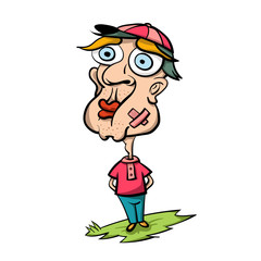 Funny Hand Drawn Man with Red LIps, Big Blue Eyes, Baseball Cap and Sticking Plaster on Face Isolated on White Background
