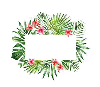 Watercolor floral banner. Horizontal frame with place for text. Small orange flowers and palm leaves .Hand painted tropical background for cards. Botanical illustrations isolated on white.