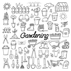 Hand drawn vector doodle illustration set of garden tools and lettering isolated on white background.  Wheelbarrow, rake, scoop, boots, spade, gloves, secateurs, buckets, scissors, pot, leaves