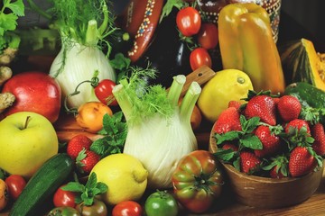 closeup of organically grown fruit and vegetables