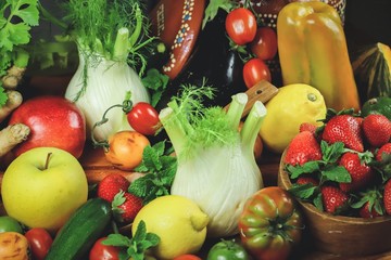 rustic composition with fruits and vegetables