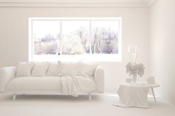 White living room with sofa and winter landscape in window. Scandinavian interior design. 3D illustration
