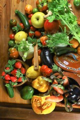 rustic composition of fruits and vegetables top view