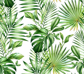 Watercolor tropical seamless pattern. Exotic palm leaves, monstera, coconut isolated on white. Botanical hand drawn illustration for wedding, surface, textile, wallpaper design