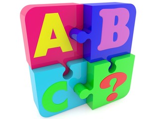 Colorful puzzle with ABC concept and question mark on a white background