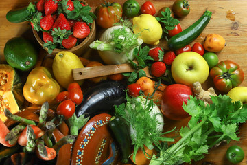 rustic composition of fruits and vegetables top view