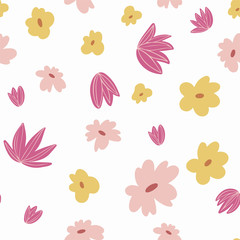 Vector seamless floristic pattern with primitive yellow pink flowers with green leaves on a stalk on a white isolated background. Use as wallpaper, wrapping paper, textile, clothing,  design, card