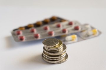 money with plate of pills on white background. coins and dollars with pills