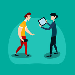 Two Men with Mobile Phone and Tablet Vector Flat Design Illustration.