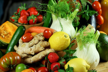 rustic composition of fruit and vegetables in a warm light