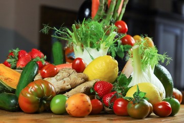 closeup of a rustic composition of fruit and vegetables