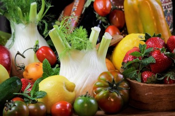 closeup of a rustic composition of fruit and vegetables