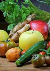 closeup of a rustic composition of fruit and vegetables