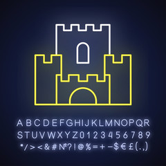 Fantasy film neon light icon. Outer glowing effect. Sign with alphabet, numbers and symbols. Fictional story and legends, popular cinema genre. Medieval castle vector isolated RGB color illustration