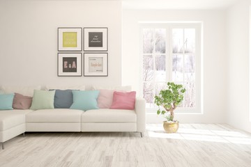 White living room with sofa and winter landscape in window. Scandinavian interior design. 3D illustration