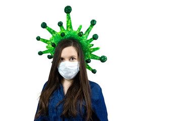 Girl wear protective face mask queen in crown - protection against influenza virus.. Stop virus and...