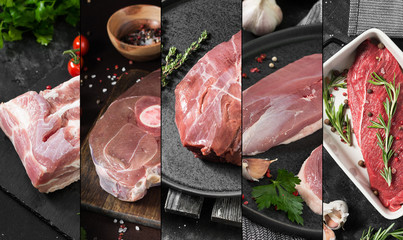 Food collage of photos of raw red meat and poultry. Banner - obrazy, fototapety, plakaty