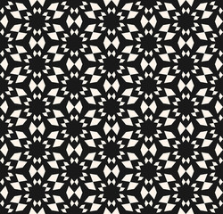 Vector seamless texture, floral tile pattern. Abstract dark monochrome geometric background with simple geometrical shapes, flowers, stars. Oriental design element for decor, textile, furniture, cloth