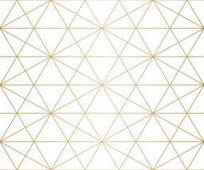 Wallpaper murals Gold abstract geometric Golden lines pattern. Vector geometric seamless texture with delicate grid, thin diagonal lines, hexagons, triangles. Abstract white and gold graphic background. Premium design for decoration, prints