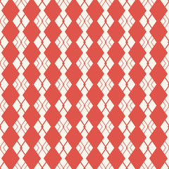 Argyle pattern. Vector abstract geometric seamless texture. Elegant ornament with rhombuses, diamond shapes, grid, mesh, net. Simple minimal background in terracotta red and beige color. Repeat design