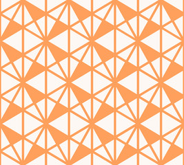 Vector triangles pattern. Abstract geometric seamless texture in orange and white color. Simple ornament with grid, lattice, net, triangles, hexagons. Funky colorful graphic background. Repeat design