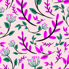 Fototapeta na wymiar modern seamless floral pattern with flowers and leaves in pink, teal and black