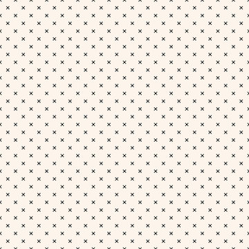 Vector monochrome minimalist geometric seamless pattern with small squares, crosses, tiny flower shapes, dots. Simple minimal black and white texture. Pixel art background. Repeatable dotted design