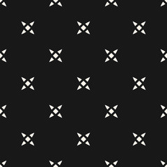Vector minimalist floral seamless pattern. Simple black and white abstract geometric background with small flowers, crosses, stars. Subtle minimal monochrome ornament texture. Dark repeating design